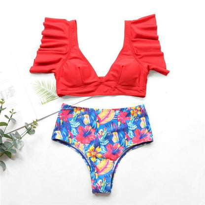 High Waist Ruffled Floral Print Tankini-STYLEGOING