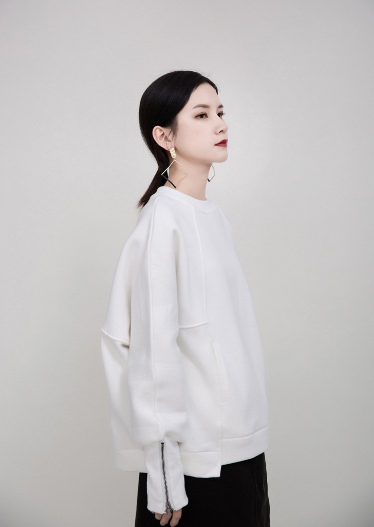 Women Round Neck Zipper Loose Hoodies Sweaters