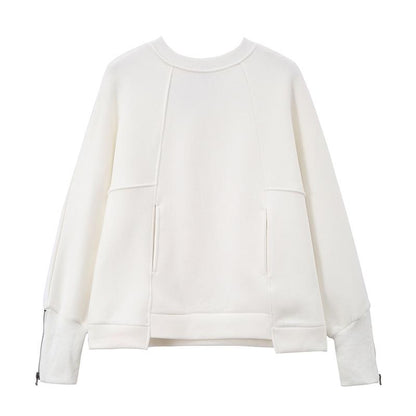 Women Round Neck Zipper Loose Hoodies Sweaters