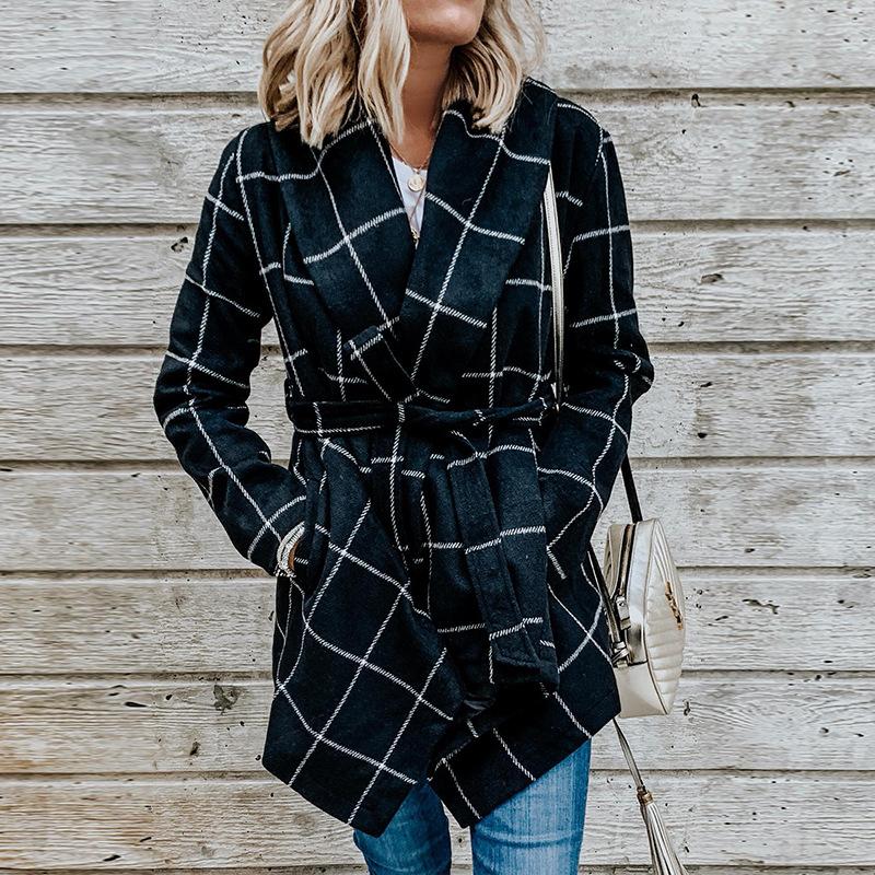 Women Loose Plaid Long Trenchcoat-STYLEGOING