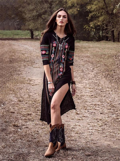 Black Bohemian Embroidery Bikini Cover Up Dresses