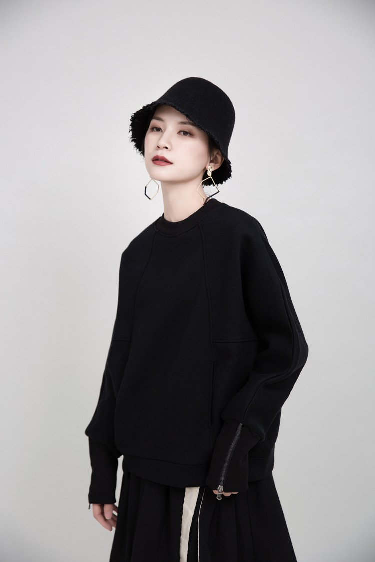 Women Round Neck Zipper Loose Hoodies Sweaters