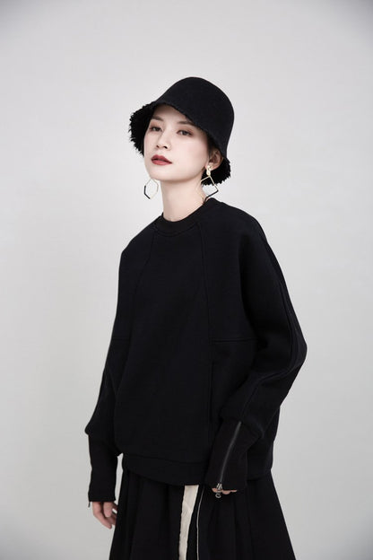 Women Round Neck Zipper Loose Hoodies Sweaters