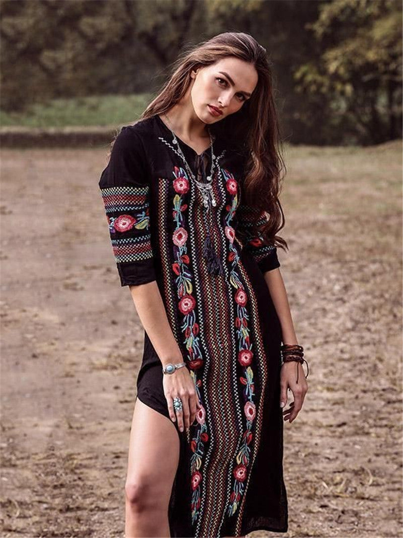 Black Bohemian Embroidery Bikini Cover Up Dresses