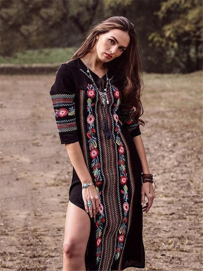 Black Bohemian Embroidery Bikini Cover Up Dresses