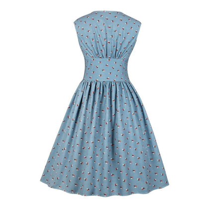 Women V Neck Floral Print High Waist Vintage Dresses with Button-STYLEGOING