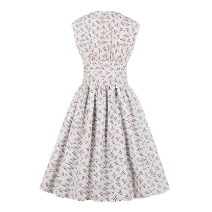 Women V Neck Floral Print High Waist Vintage Dresses with Button-STYLEGOING