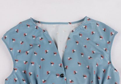 Women V Neck Floral Print High Waist Vintage Dresses with Button-STYLEGOING