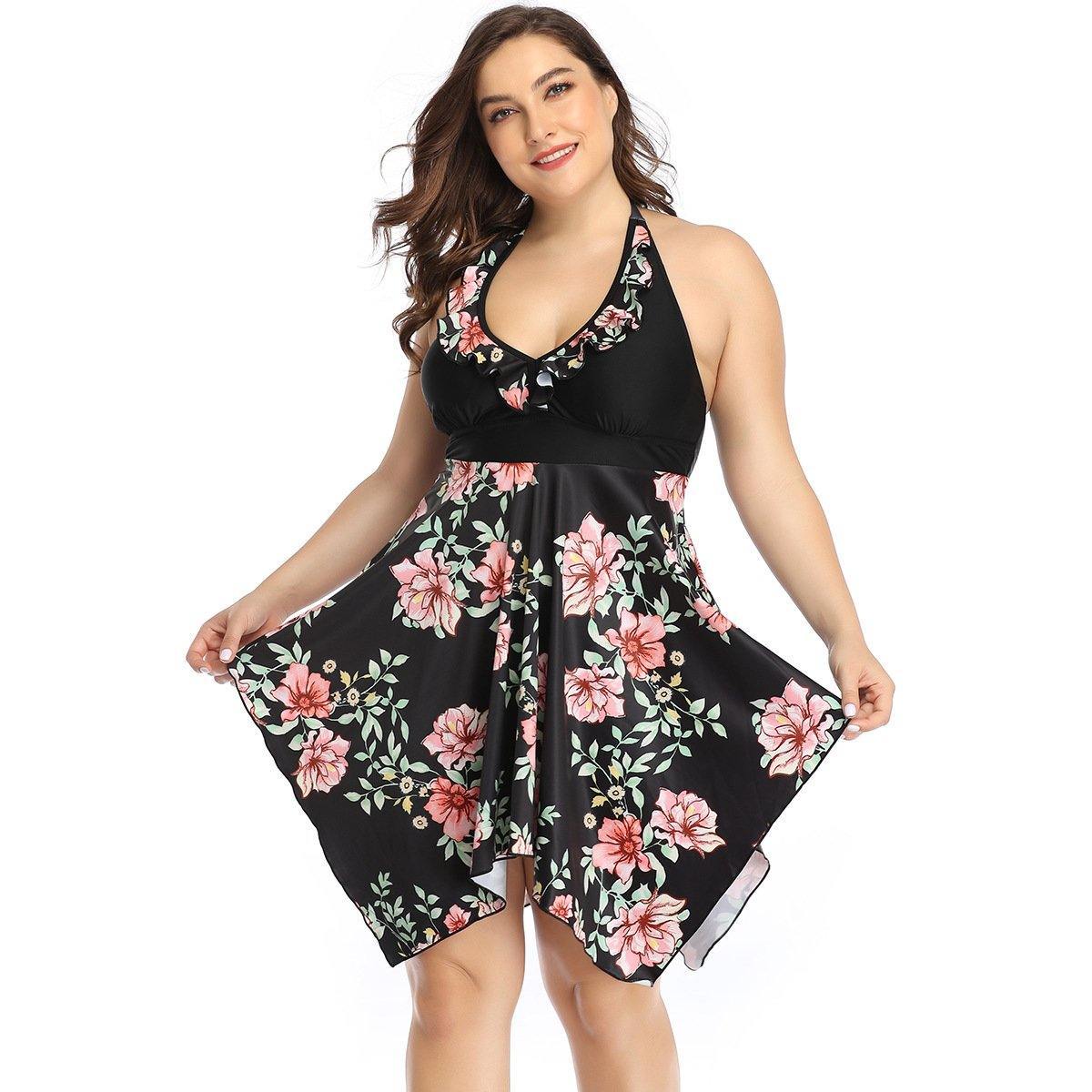 Women Plus Sizes Floral Pints Swimwear-STYLEGOING