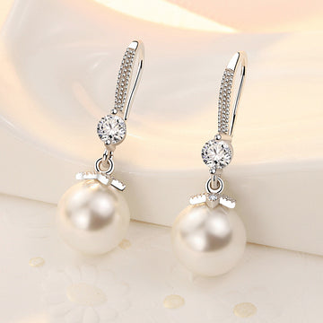 Fashion Floral Beaded Pearl Sterling Silver Fish Hook Earrings