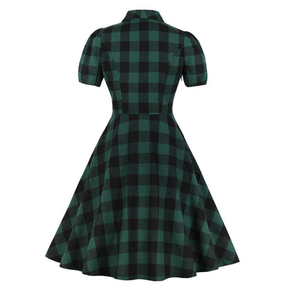 Women Short Sleeves Plaid Vintage Dresses-STYLEGOING