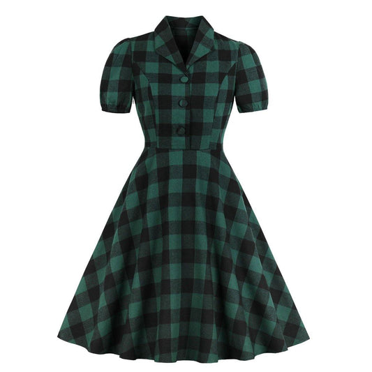 Women Short Sleeves Plaid Vintage Dresses-STYLEGOING