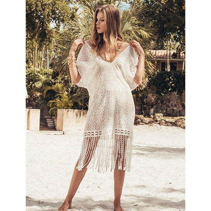 Tasseled Split-joint V-neck Cover-up-STYLEGOING