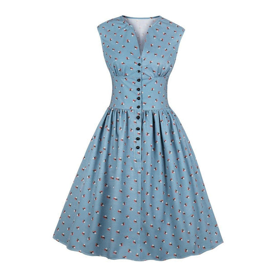 Women V Neck Floral Print High Waist Vintage Dresses with Button-STYLEGOING