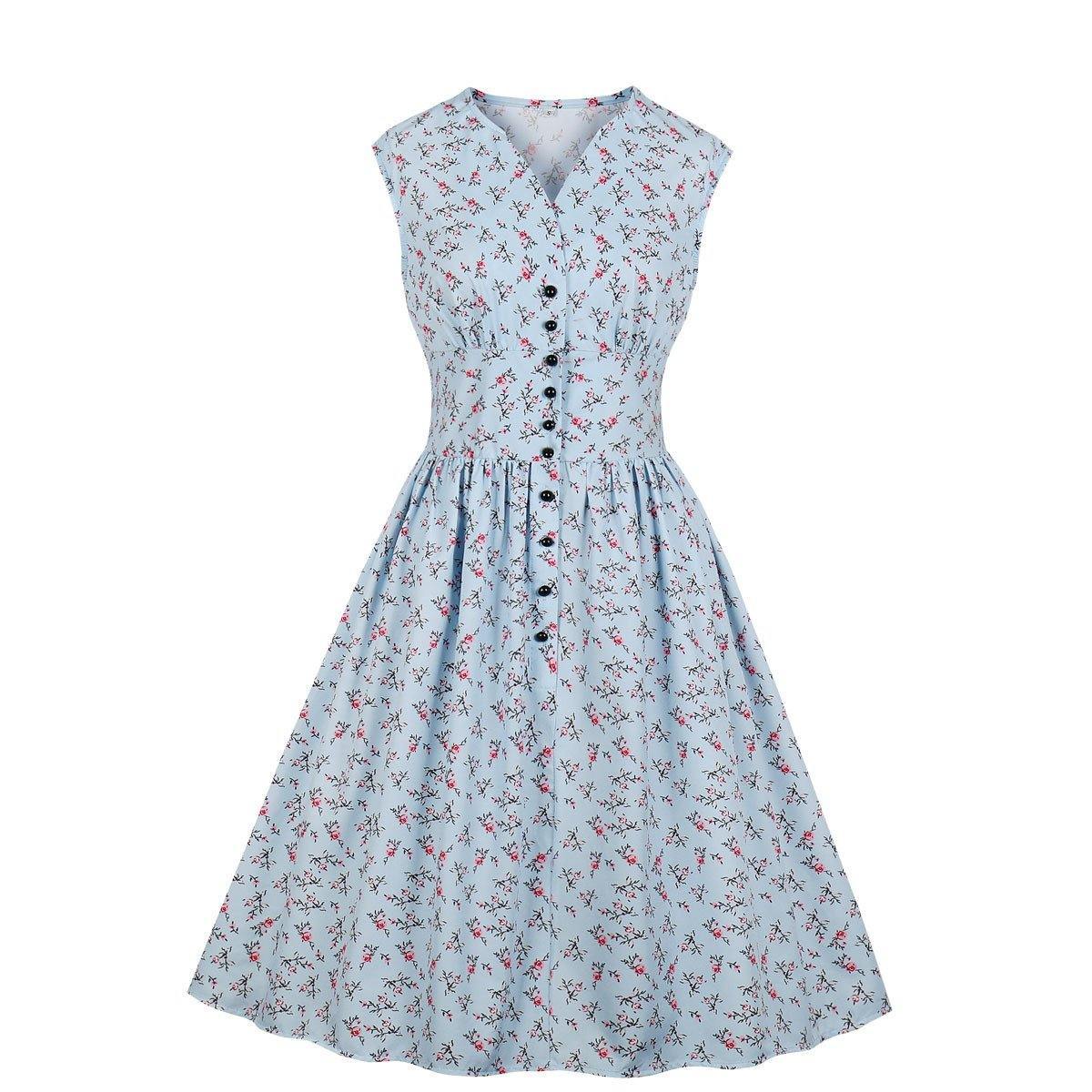 Women V Neck Floral Print High Waist Vintage Dresses with Button-STYLEGOING