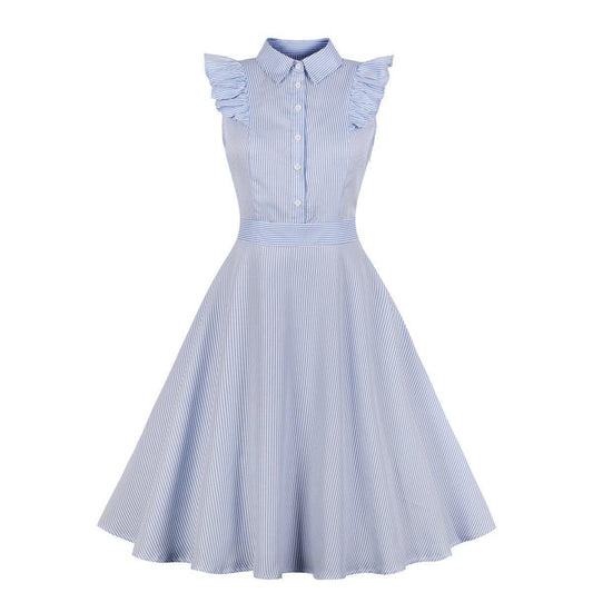 Plus Sizes Striped Ruffled Shirt Dresses-STYLEGOING