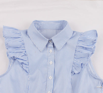 Plus Sizes Striped Ruffled Shirt Dresses-STYLEGOING