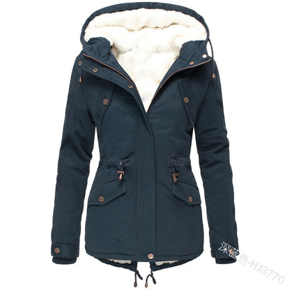 Casual Women Drawstring Hoody Cotton Overcoat for Winter