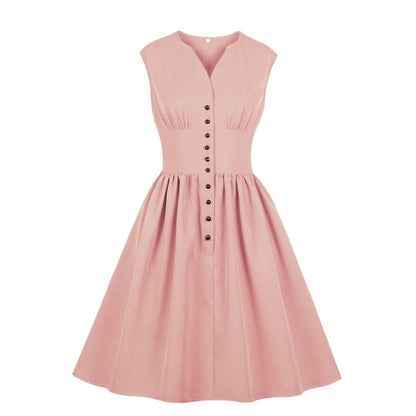 Vintage Button Floral Print High Waist Dresses-STYLEGOING