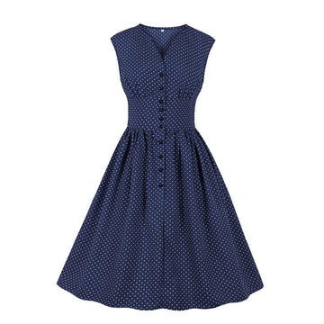 Women Sleeveless V Neck Dot Print Vintage Dresses with Buttons-STYLEGOING