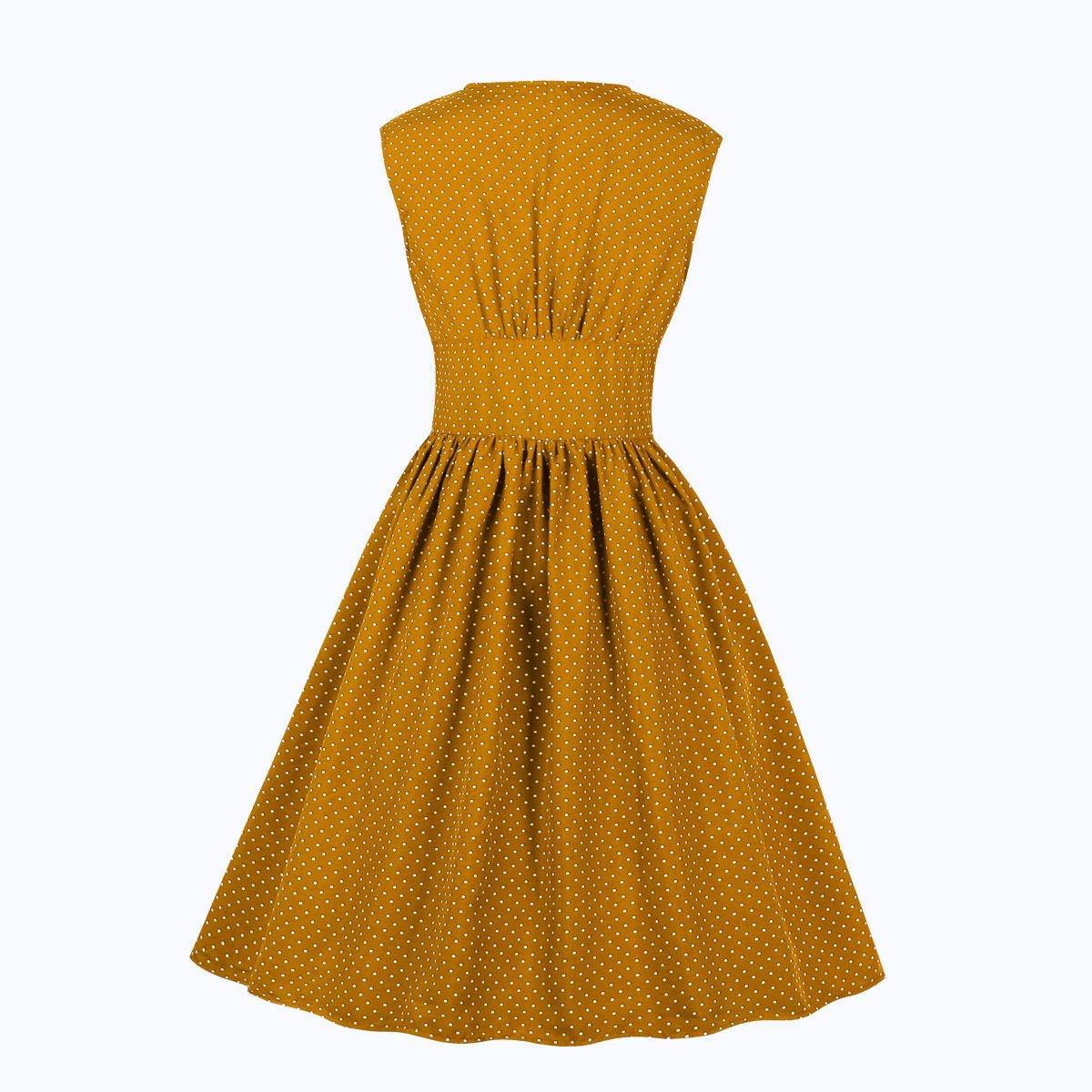 Women Sleeveless V Neck Dot Print Vintage Dresses with Buttons-STYLEGOING