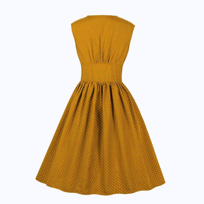 Women Sleeveless V Neck Dot Print Vintage Dresses with Buttons-STYLEGOING