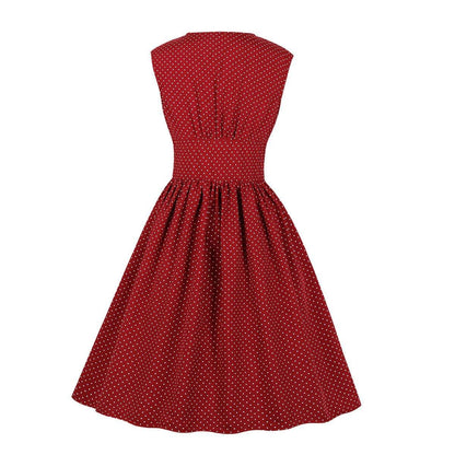 Women Sleeveless V Neck Dot Print Vintage Dresses with Buttons-STYLEGOING