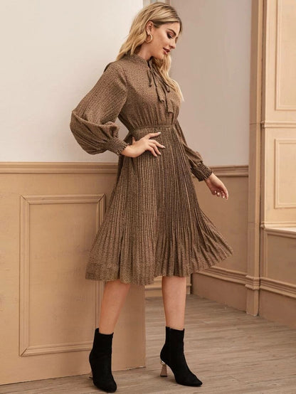 Casual Brown Dot Print Elegant Holiday Long Sleeves Dresses