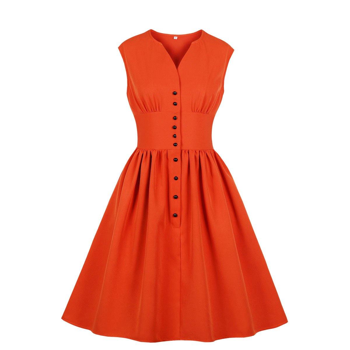 Vintage Button Floral Print High Waist Dresses-STYLEGOING
