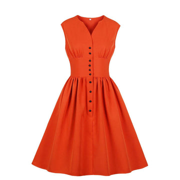 Vintage Button Floral Print High Waist Dresses-STYLEGOING