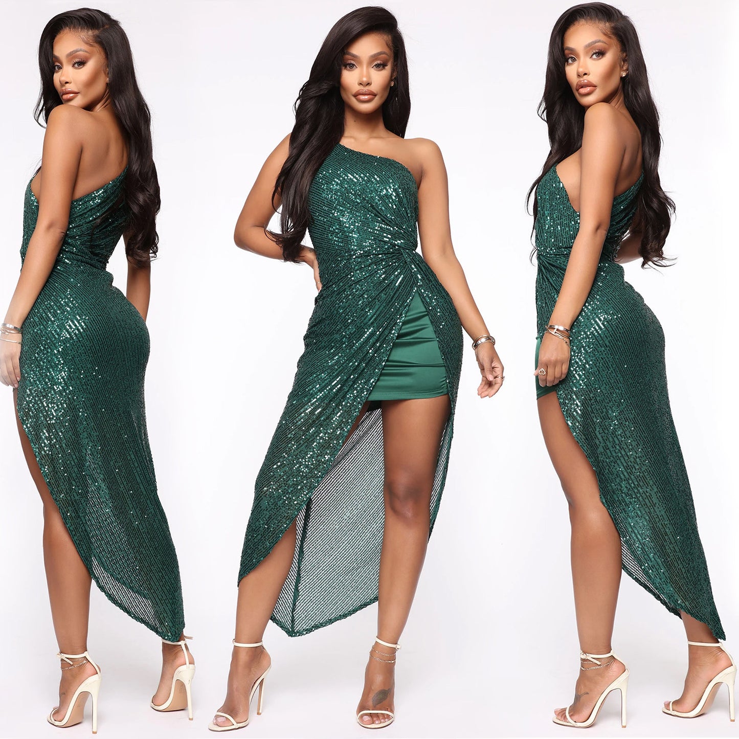 Sexy One Shoulder Sequined Irregular Party Dresses