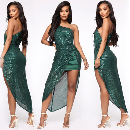 Sexy One Shoulder Sequined Irregular Party Dresses