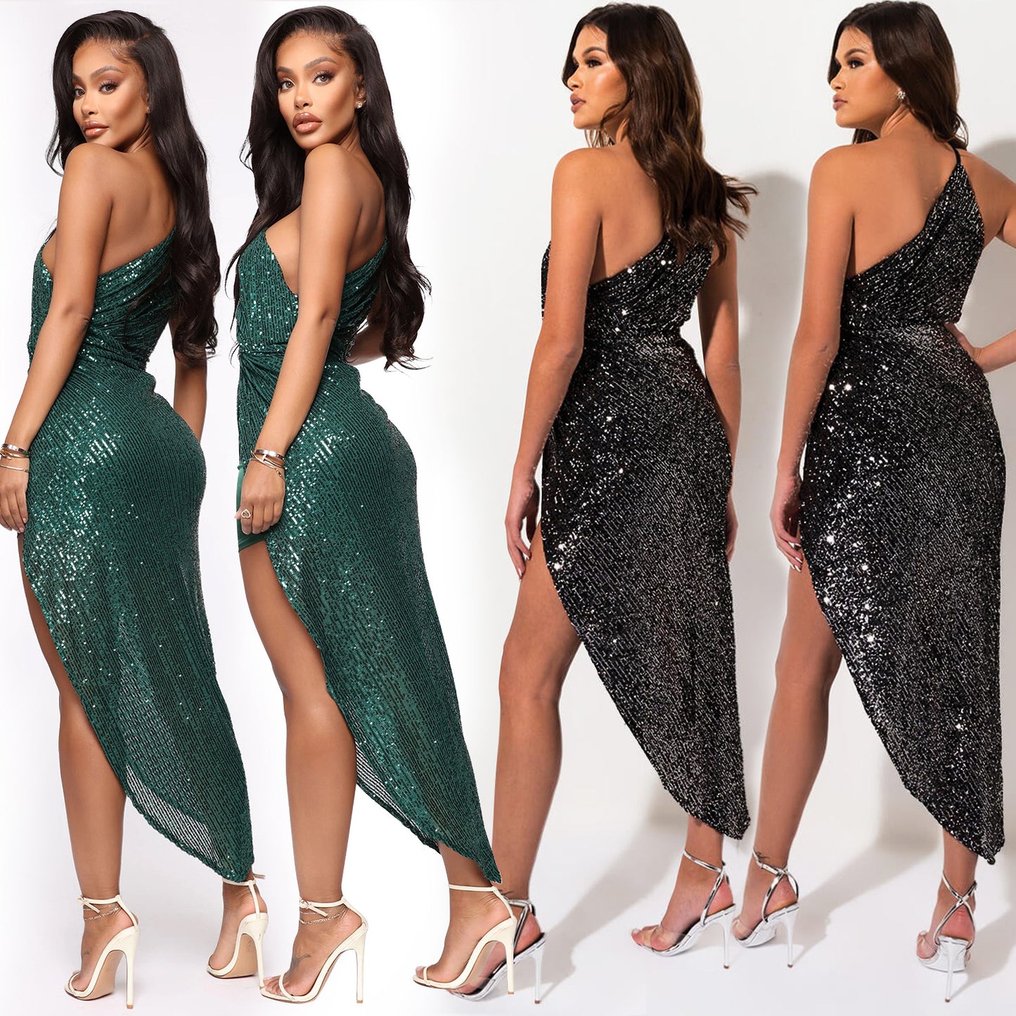 Sexy One Shoulder Sequined Irregular Party Dresses