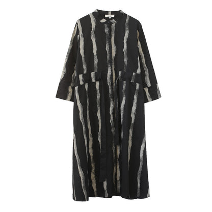 Black Linen Plus Sizes Shirt Midi Dresses