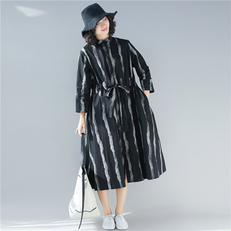 Black Linen Plus Sizes Shirt Midi Dresses