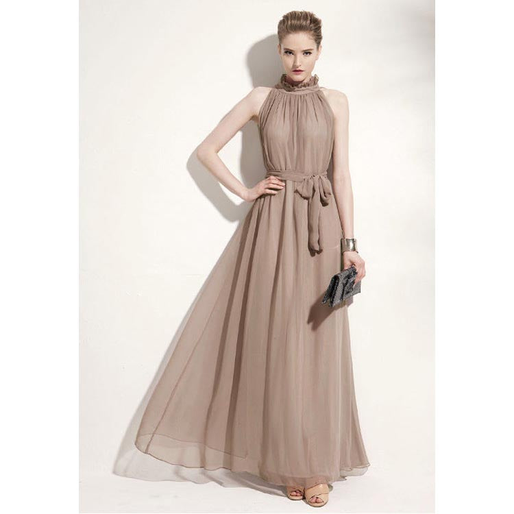 Casual Chiffon Halter Long Boho Dresses with Belt