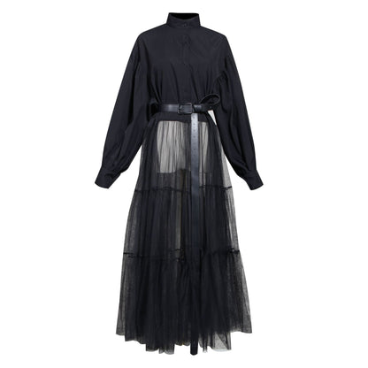 Designed Tulle Contrast High Waist Women Long Shirt Dresses