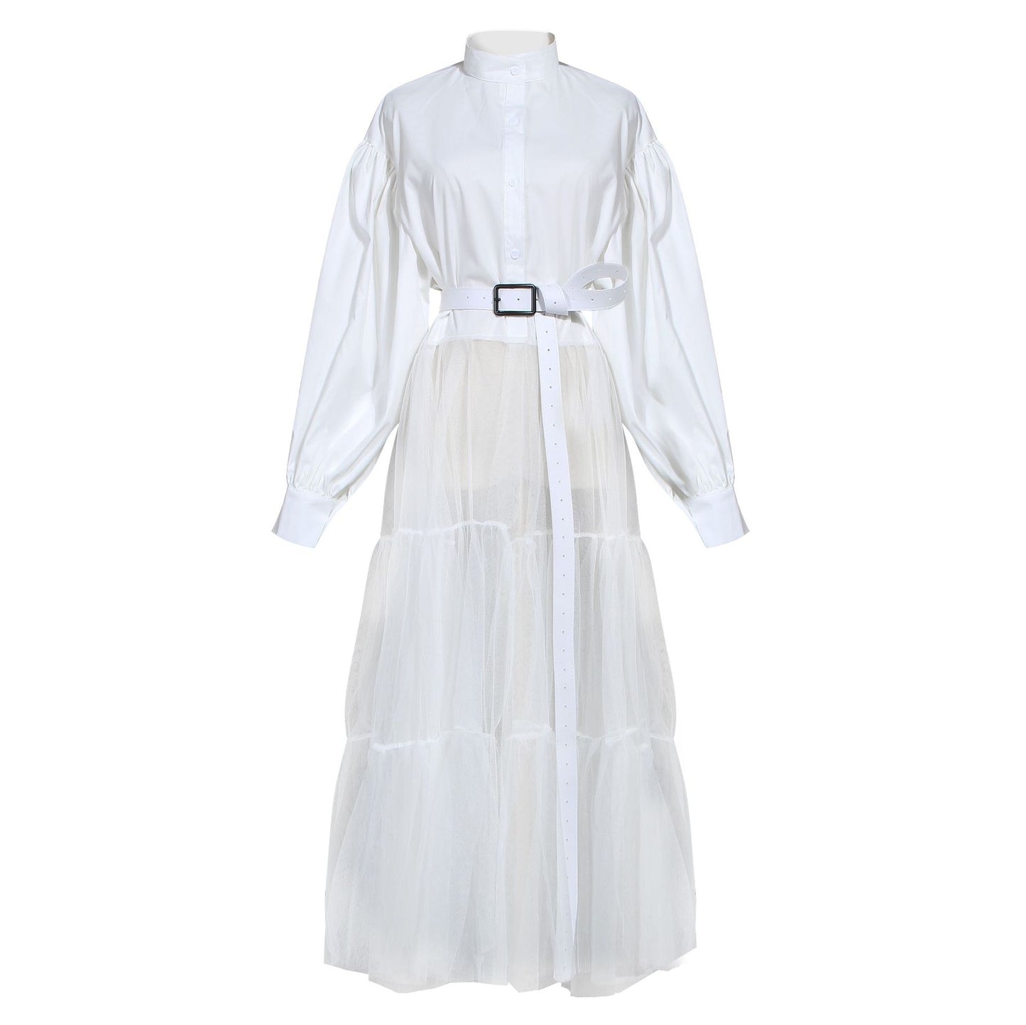 Designed Tulle Contrast High Waist Women Long Shirt Dresses
