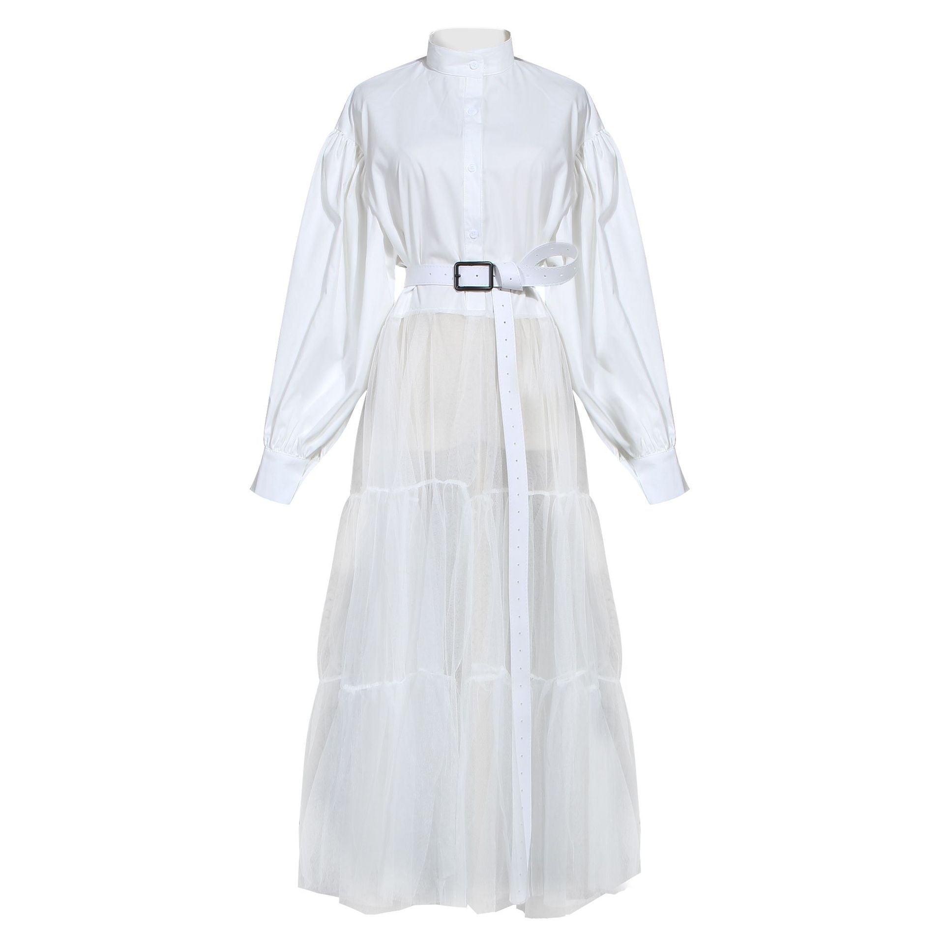 Designed Tulle Contrast High Waist Women Long Shirt Dresses