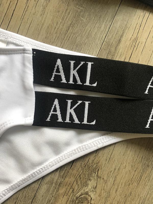 Letter Print Gathered Bikini Swimsuit-STYLEGOING
