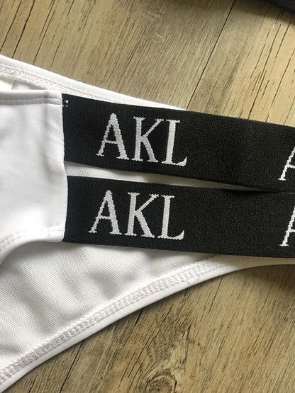 Letter Print Gathered Bikini Swimsuit-STYLEGOING