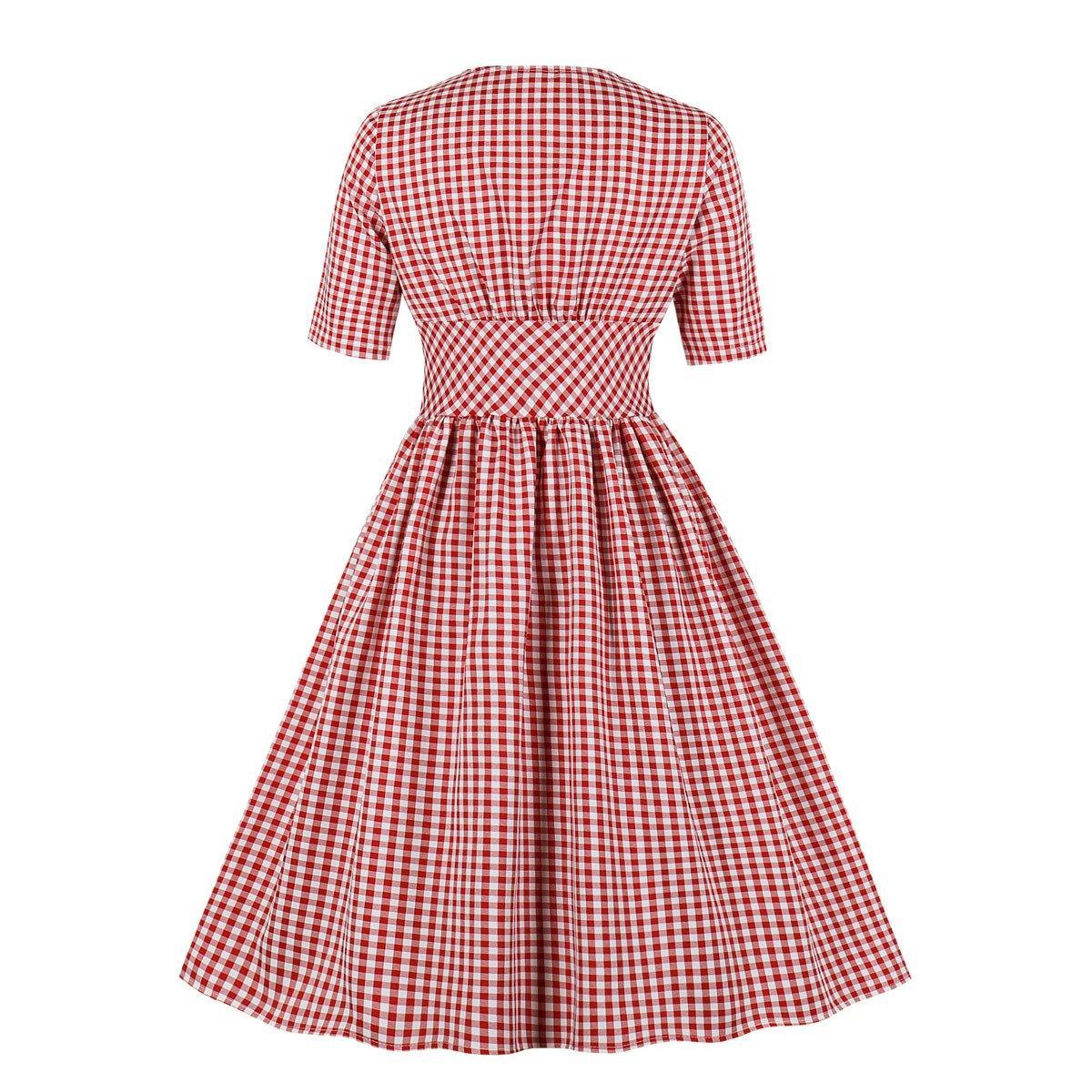 Half Sleeves Plaid Retro Dresses with Button-STYLEGOING