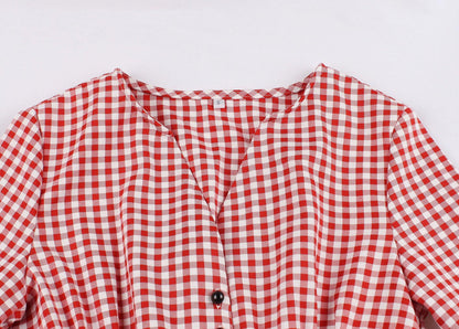 Half Sleeves Plaid Retro Dresses with Button-STYLEGOING
