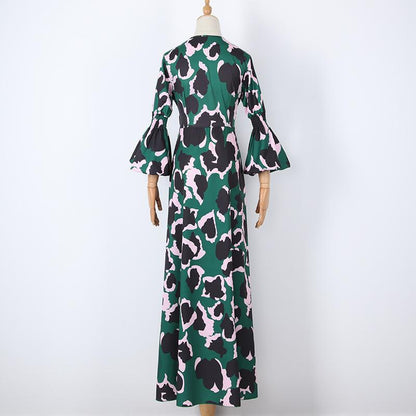 Women Floral Print Long Sleeves V Neck Long Dresses