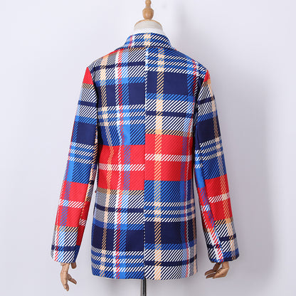 Women Plaid Red Blazer Overcoat