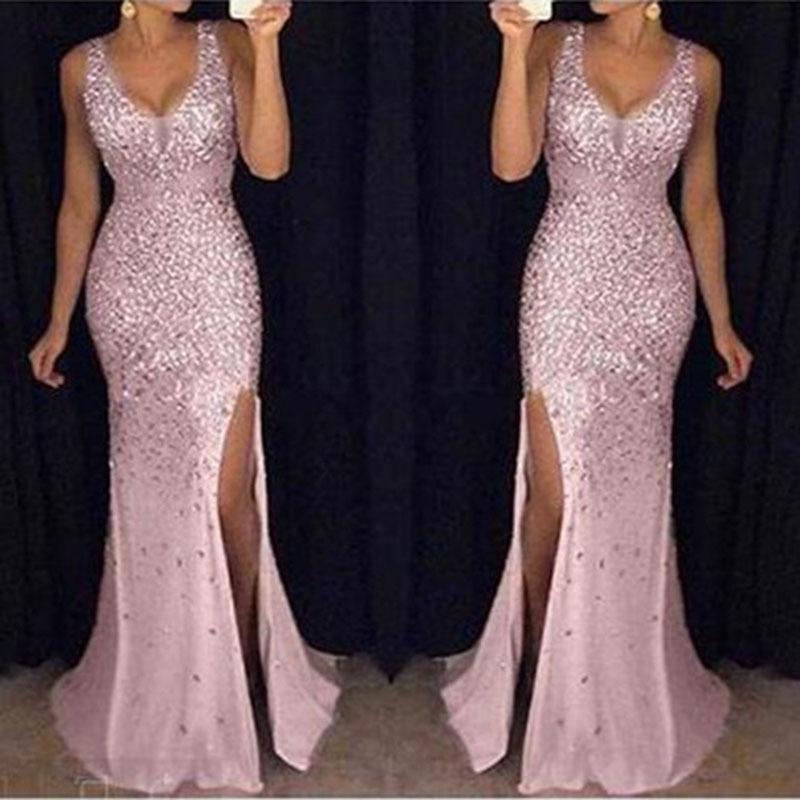 Women Sequin Split Front Sexy Long Evening Dresses-STYLEGOING