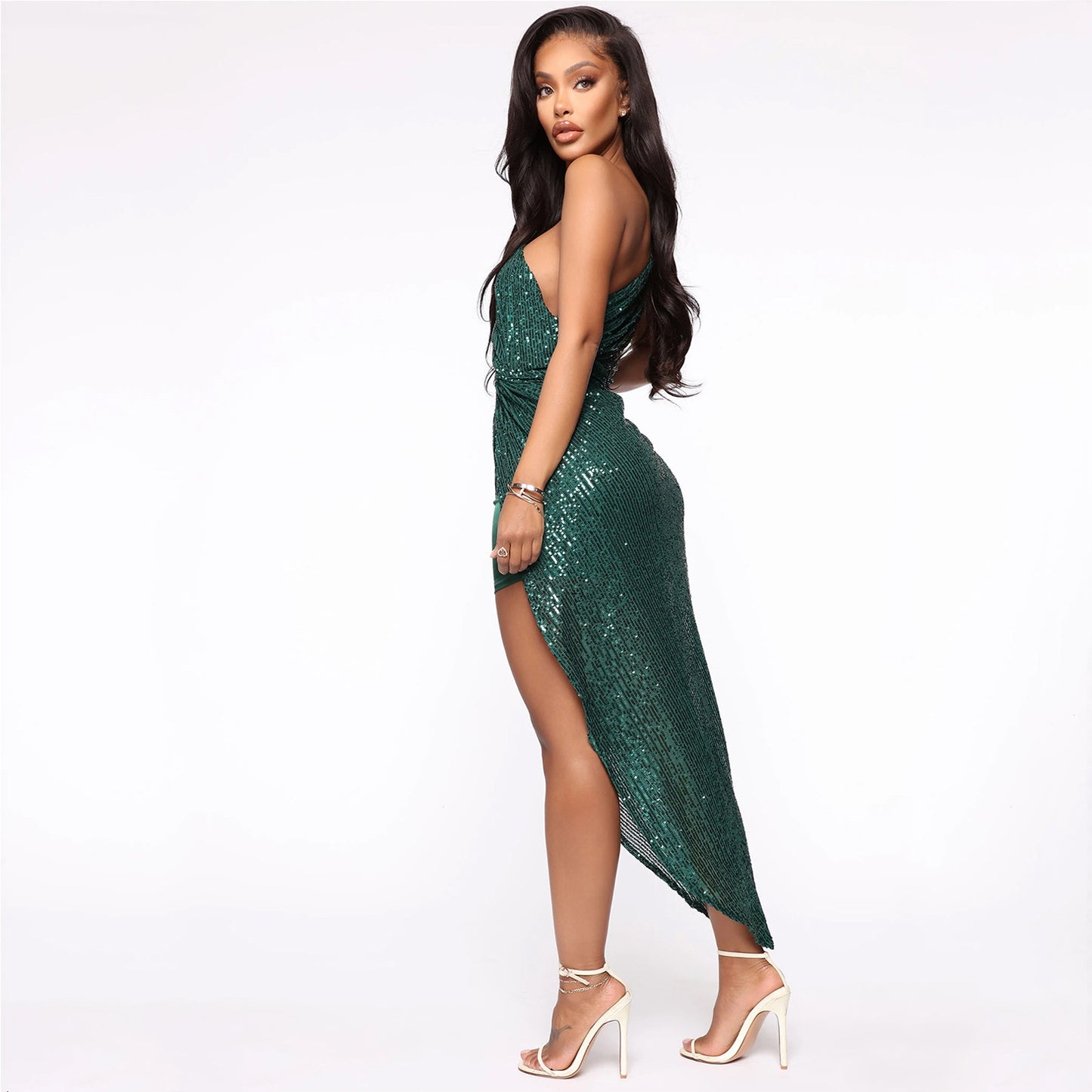 Sexy One Shoulder Sequined Irregular Party Dresses