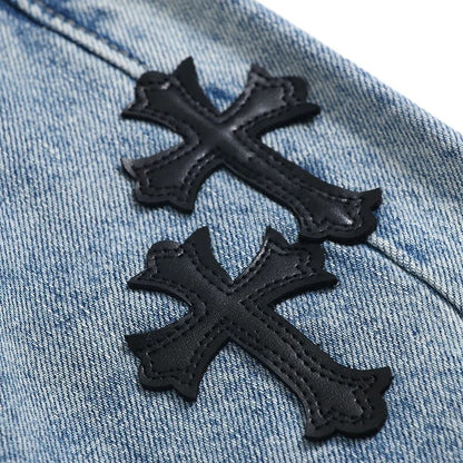 PU Cross Design Women High Waist Wide Jean Pants