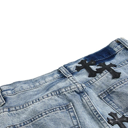 PU Cross Design Women High Waist Wide Jean Pants