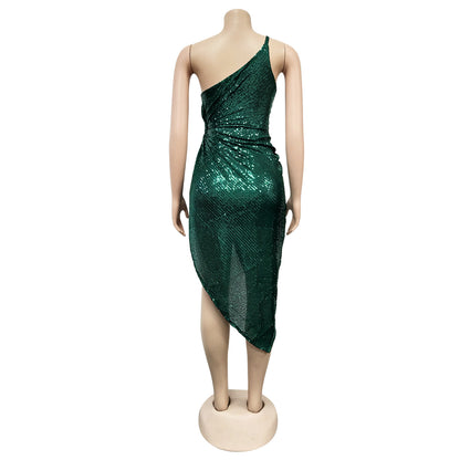 Sexy One Shoulder Sequined Irregular Party Dresses